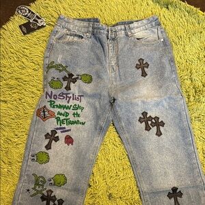 Chrome Hearts Blue Relaxed Jeans with Shamrock Designs
